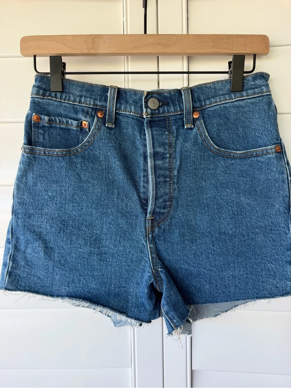 Levi's Blue Denim Asymmetric Raw Hem Jean Shorts